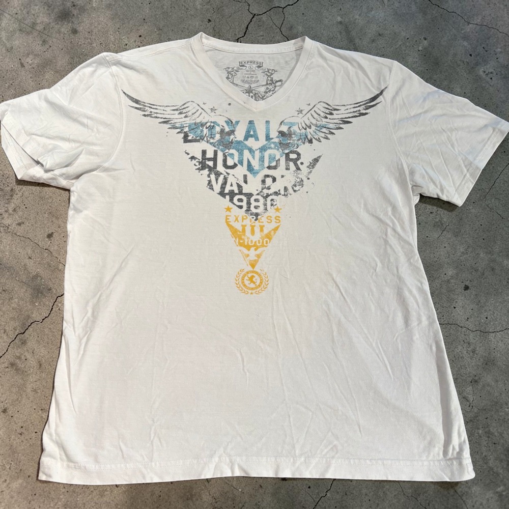 Express Mens Classic V-Neck Graphic Tee White Loyalty Honor Valor Wings Skulls L